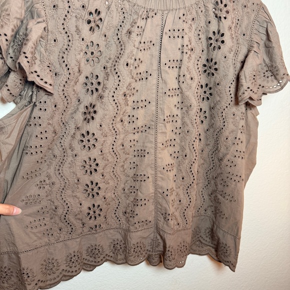 Ruffle Sleeve Brown Eyelet Lace Blouse Cottagecore Boho Romantic Top Cotton - Picture 4 of 12